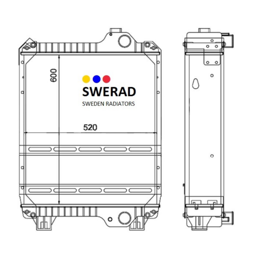 Teknisk ritning av en Kylare IH traktor radiator från Sverige Radiatorer, med dimensioner 600mm x 520mm visade och detaljerad sidovy ingår.