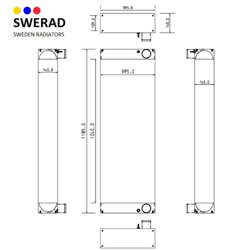 Teknisk ritning av en Kylare Merlo krossverk från Sweden Radiators. Bilden visar front-, sido- och toppvyer med mått angivna i millimeter.