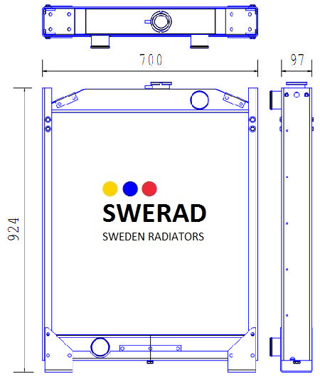 Teknisk ritning av en Kylare Volvo BM generator. Framsidan visar dimensionerna 924 mm i höjd och 700 mm i bredd. Sidovyn indikerar ett djup på 97 mm. Logotypen och texten "SWERAD Sweden Radiators" är centrerad på framsidan.