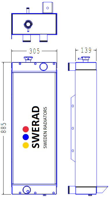 Teknisk ritning av en Kylare Volvo BM lastmaskin, som visar front-, sido- och toppvyer med måtten 885 mm på höjden, 305 mm på bredden och 139 mm på djupet.