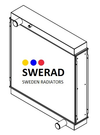 Linjeritning av en kylare med texten "SWERAD SWEDEN Kylare Volvo BM lastmaskin" och tre färgade prickar i blått, gult och rött ovanför.