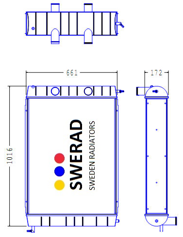 Teknisk ritning av en Kylare Volvo BM Dumper kylare med måtten 1016mm x 661mm. Den innehåller tre olika vyer: front, sida och topp.
