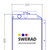 Teknisk ritning av en radiator märkt "SWERAD SWEDEN RADIATORS" som visar front- och toppvyer med måtten 600 mm i höjd och 346 mm i bredd.