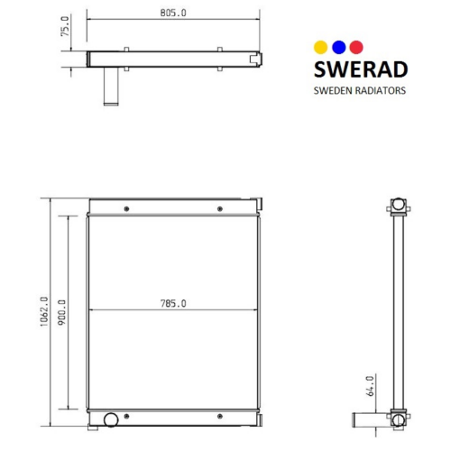 Teknisk ritning av en Kylare Volvo BM generatorkylare, som visar front-, sido- och toppvyer med mått. En logotyp med gula, blå och röda prickar och texten "SWERAD SWEDEN RADIATORS" finns i det övre högra hörnet.