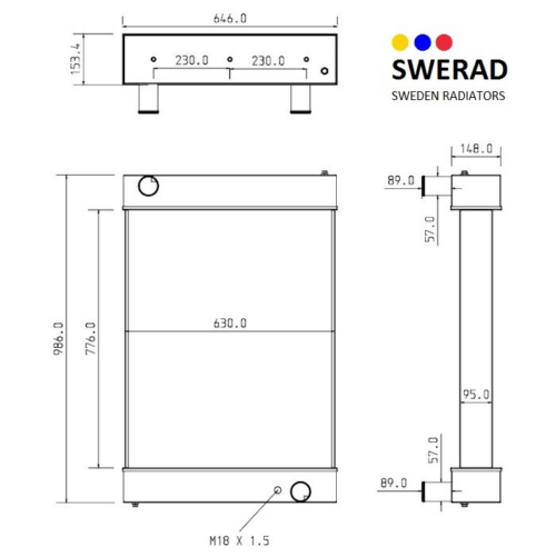 Teknisk ritning av en Kylare Volvo BM lastmaskin kylare med detaljerade mått i millimeter, med mått för höjd, bredd, djup och röranslutningspunkter. "Swerad Sweden Radiators" logotyp visas i det övre högra hörnet.