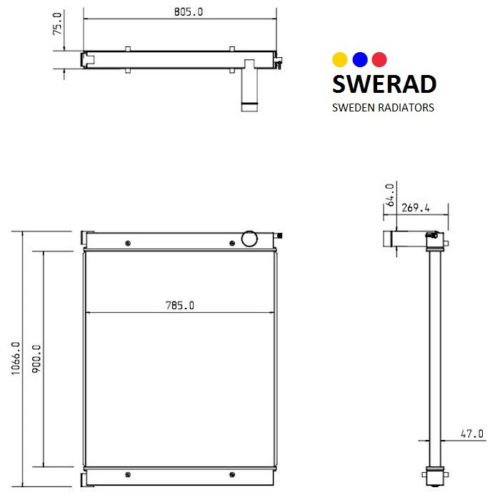 Tekniskt diagram över en Kylare Volvo BM generatorkylare, märkt med olika mått i millimeter. Swerads logotyp och företagsnamn med texten "SWEDEN RADIATORS" visas i det övre högra hörnet.