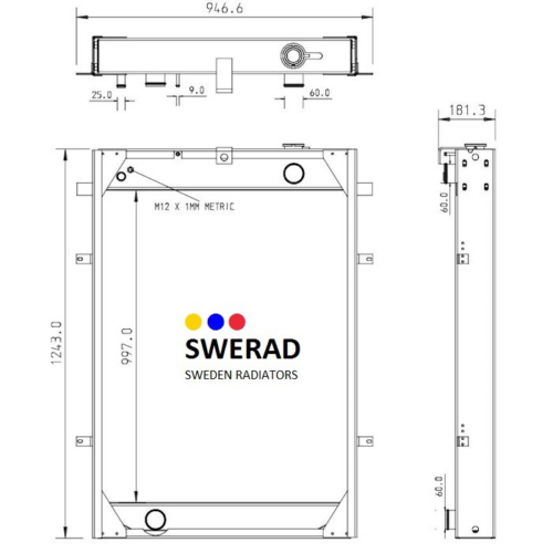 Tekniskt diagram över en Kylare Volvo BM generatorkylare, som visar front-, topp- och sidovyer. Mått och måttuppgifter anges i millimeter.