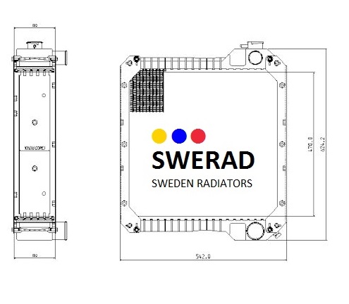 Teknisk ritning av en Kylare Case traktor-enhet, som visar front- och sidovyer med mått.