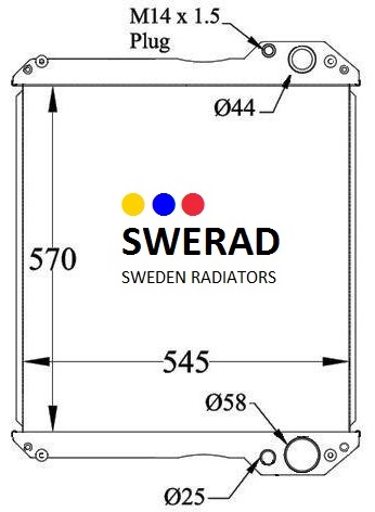 Tekniskt diagram över en Kylare Case traktor-komponent, som visar mått och pluggplatser.