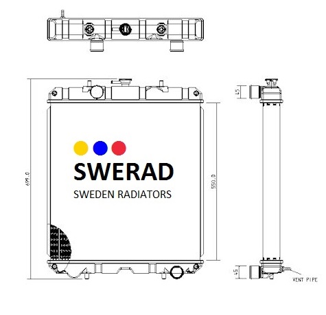Teknisk ritning av Kylare Case traktor radiator från SWERAD Sweden Radiatorer, som visar flera vyer inklusive front-, topp- och sidovyer med märkta mått.