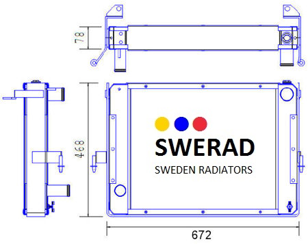 Teknisk ritning av en "Kylare Tailift gaffeltruck" radiator från flera perspektiv med dimensioner i millimeter. Den har logotypen och namnet "SWERAD Sweden Radiators.