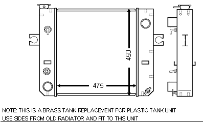 Diagram över Kylare Vale gaffeltruck mässing tank ersättning för en plast tank radiator enhet. Kylaren mäter 450 mm i höjd och 475 mm i bredd. Instruktioner notera att använda sidor från den gamla kylaren.