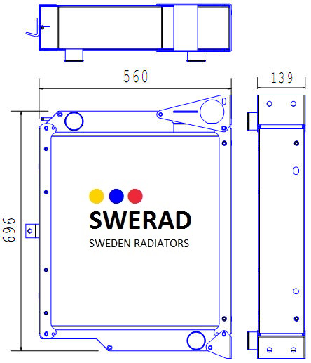 Tekniskt diagram som illustrerar tre perspektiv av en radiator märkt med SWERAD SWEDEN RADIATORS. Måtten är 560 mm i bredd och 696 mm i höjd, medan sidovyn indikerar en bredd på 139 mm. Produktnamn: Kylare Terex mobilkran.