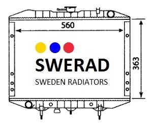 Tekniskt diagram över en Kylare Terex dumperradiator från Sweden Radiators, som visar mått på 560 mm på bredden och 363 mm på höjden. SWERAD-logotypen visas, med tre färgade prickar.