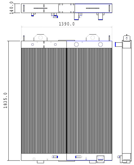 Diagram över Kylare Terex grävmaskin kylare med dimensioner i millimeter: 1835,0 mm höjd, 1390,0 mm bredd och 140,0 mm djup, med vyer framifrån, ovanifrån och från sidan med detaljerade anteckningar.