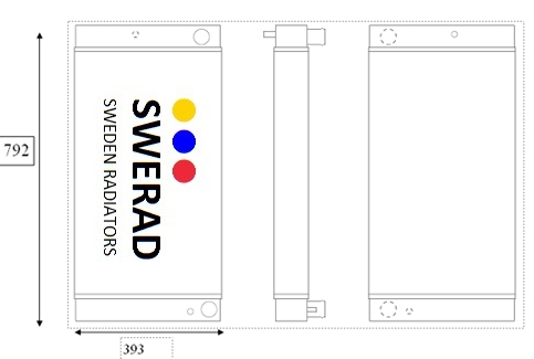 Diagram över en radiator med mått: höjd 792 mm och bredd 393 mm. Etiketten på kylaren lyder "Kylare Manitou teleskoplift" följt av tre färgade prickar i gult, rött och blått.