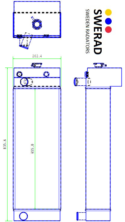 Teknisk ritning av en Kylare Manitou teleskoplift från Sweden Radiators. Har vyer framifrån, från sidan och uppifrån med dimensioner.