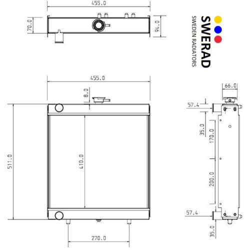 Tekniskt diagram över Kylare Manitou teleskoplift från SWERAD Sweden Radiatorer, som visar front-, topp- och sidovyer med detaljerade mått i millimeter.