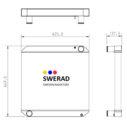 Tekniskt diagram över en Kylare Powerscreen krossverk radiator med dimensionerna märkta: 649,0 mm på höjden, 625,0 mm på bredden och 137,3 mm på djupet. SWERAD-logotypen visas i mitten.