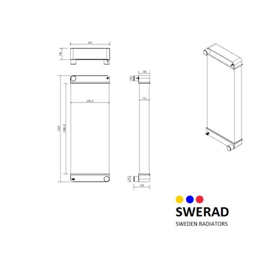 Teknisk ritning av Kylare New Holland skördetröska med mått märkta i millimeter. SWERAD Sweden Radiators logotyp med färgade prickar finns i det nedre högra hörnet.