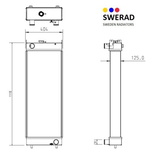 Tekniskt diagram över en Kylare New Holland grävmaskin radiator som visar front- och sidovyer med mått. Framsidan har en bredd på 404 mm och en höjd på 1110 mm. Sidovyn har ett djup på 125 mm.