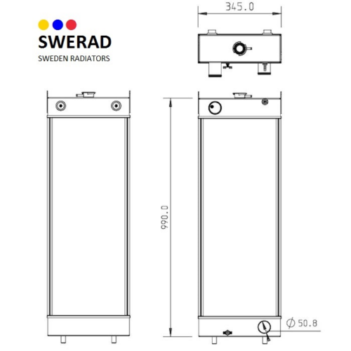 Teknisk ritning av en Kylare New Holland grävmaskin radiator med detaljerade mått och front-, topp- och sidovyer. De visade måtten inkluderar höjd, bredd och diametrar på nyckelkomponenter.