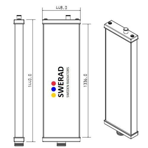 Teknisk ritning av Kylare Komatsu schaktmaskin radiator med front- och sidovyer, som visar mått: 1140,0 mm höjd, 448,0 mm bredd, 1336,0 mm alternativ höjd.