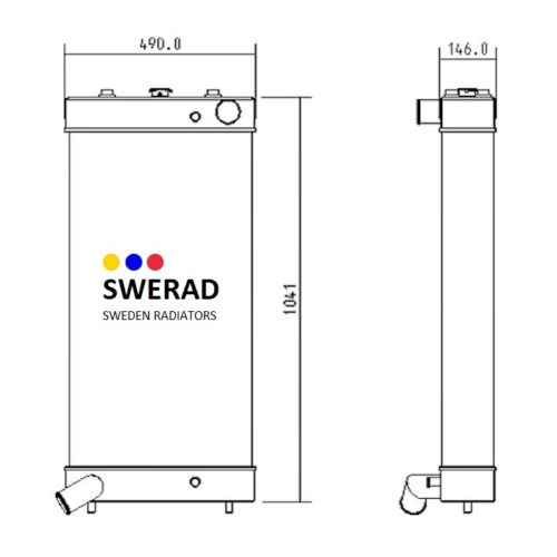 Teknisk ritning av en radiator med front- och sidovyer. Måtten är 490 mm på bredden, 146 mm på djupet och 1041 mm på höjden. Kylaren är märkt "Kylare Komatsu schaktmaskin" av SWERAD SWEDEN RADIATORS.