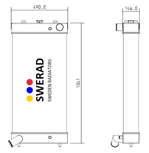 Teknisk ritning av en Kylare Komatsu schaktmaskin radiator med dimensionerna 490,0 mm bredd, 1041 mm höjd och 146,0 mm djup, som visar front- och sidovyer.