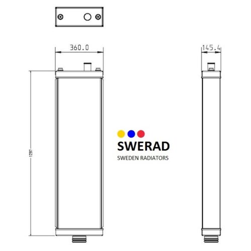 Teknisk ritning av en radiator, som visar front- och sidovyer med mått. Inkluderar Kylare Komatsu schaktmaskin-logotypen i mitten.