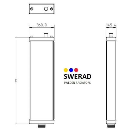 Teknisk ritning av en vertikal radiator med mått märkta. Text i mitten lyder "Kylare Komatsu schaktmaskin" med en logotyp som består av färgade prickar.