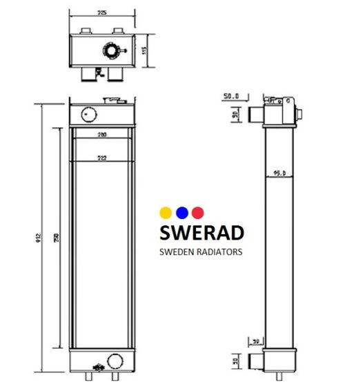 Teknisk ritning av en Kylare Komatsu grävmaskin som visar detaljerade mått och specifikationer. Ritningen är märkt med mått i millimeter.