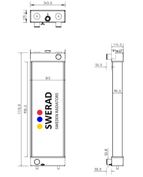 Tekniskt diagram över Kylare Komatsu grävmaskin vertikalradiator från "SWERAD Sweden Radiators." Mått och mått är detaljerade, inklusive höjd, bredd och djup, tillsammans med placering av inlopps- och utloppsrör.