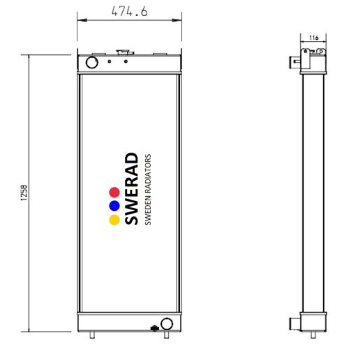 Teknisk ritning av en kylare märkt "Kylare Komatsu grävmaskin"; dimensionerna är 474,6 mm i bredd och 1759 mm i höjd. Sido- och frontvyer visas.