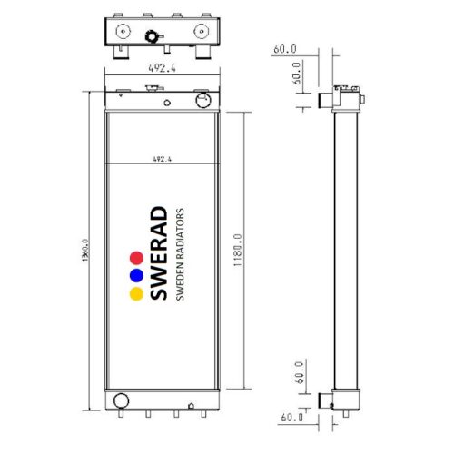 Teknisk ritning av en Kylare Komatsu grävmaskin enhet med dimensioner: 1180,0 mm höjd, 492,4 mm bredd och 60,0 mm tjocklek. Bilden inkluderar vyer framifrån och från sidan.