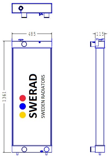 Teknisk ritning av en Kylare Komatsu grävmaskin från Sweden Radiators. Bilden visar framifrån och från sidan med mått.