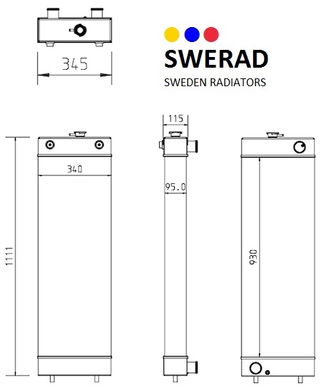 Tekniskt diagram över Kylare Komatsu grävmaskin från Swerad Sweden Radiatorer, som visar front-, sido- och toppvyer med mått i millimeter.