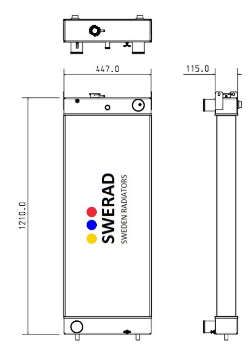 Teknisk ritning av en Kylare Komatsu grävmaskin radiator, som visar front- och sidovyer med mått: 1210,0 mm på höjden, 447,0 mm på bredden och 115,0 mm på djupet.