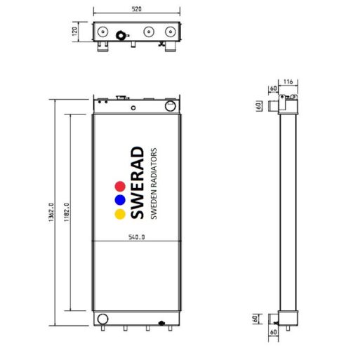 Tekniskt diagram över en Kylare Komatsu grävmaskin radiator med etiketten "SWERAD SWEDEN RADIATORS" på framsidan. Mått är noterade, med höjd 1826,0 mm, bredd 520 mm och djup 116 mm.