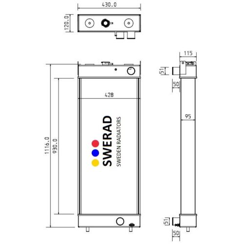 Teknisk ritning av en Kylare Komatsu grävmaskin radiator inklusive front-, top- och sidovyer med mått.