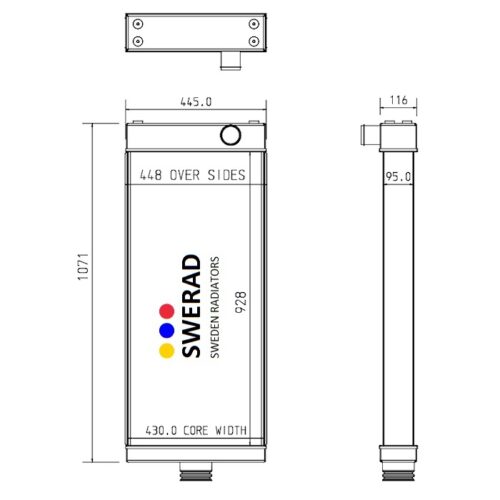 Teknisk ritning av en Kylare Komatsu dumperradiator från Sverige Radiatorer, som visar front- och sidovyer med dimensioner: 1071 mm höjd, 445 mm total bredd, 430 mm kärnbredd och 116 mm djup.