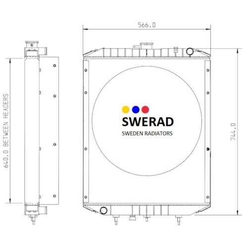 Teknisk ritning av en Kylare AGCO-generatorradiator som visar front- och sidovyer med dimensionerna märkta; 566,0 mm bredd, 64,0 mm tjocklek och 744,0 mm höjd.