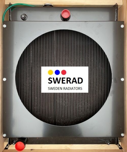 En svart Kylare Bearward-generator märkt "SWERAD SWEDEN RADIATORS" med ett cirkulärt mönster i mitten och synliga röranslutningar.