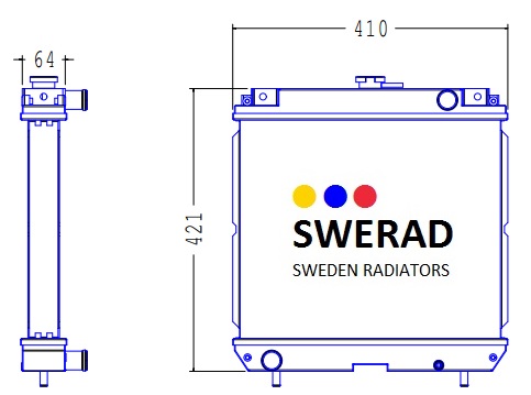 Teknisk ritning av en radiator med mått. Vy framifrån visar att den är 410 mm bred och 421 mm hög. Sidovy indikerar ett djup på 64 mm. Etiketten lyder "Kylare Daihatsu Industrial motor.