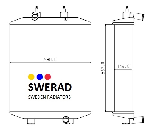 Teknisk ritning av Kylare Deutz-Fahr traktor kylaren, som visar front- och sidovyer med mått. Bredd framifrån: 530,0 mm. Sidohöjd: 567,0 mm, djup: 114,0 mm.