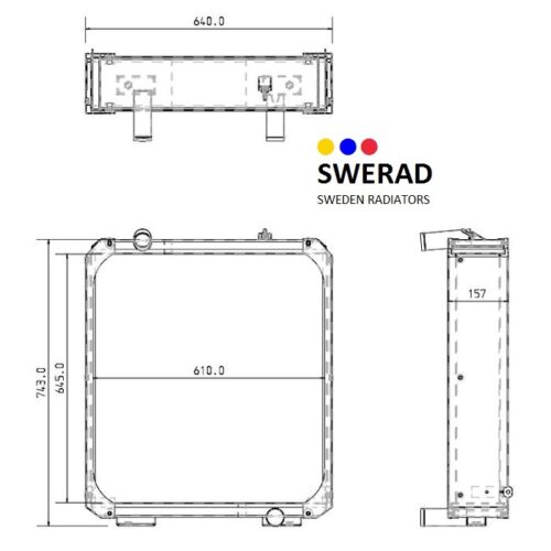 Teknisk ritning av en Kylare Deutz-Fahr traktor kylare som visar front-, topp- och sidovyer med dimensionerna märkta. SWERAD-logotypen finns i det övre högra hörnet.
