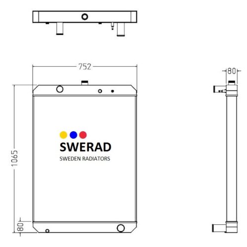 Teknisk ritning av Kylare Hino lastbil med logotyp och text "SWERAD Sweden Radiators" på framsidan. Måtten är märkta som 1055 mm i höjd, 752 mm i bredd och 80 mm i djup.