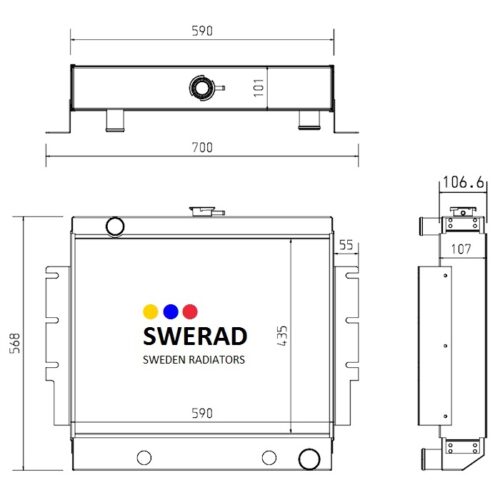 Teknisk ritning av en Kylare Hyster/Yale gaffeltruck SWERAD kylare, inklusive front-, sido- och toppvyer med mått. Logotypen lyder "SWERAD SWEDEN RADIATORS.