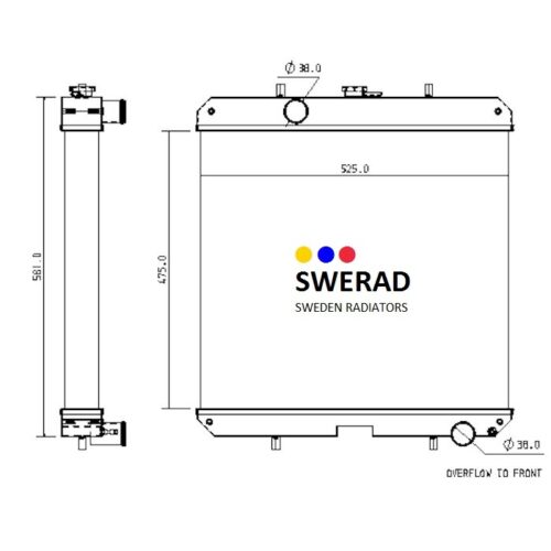 Teknisk ritning av en radiator från SWERAD (Sweden Radiators) med märkta mått och anslutningspunkter, närmare bestämt modellen Kylare Hyster/Yale gräsklippare. Ovanifrån och från sidan visas.