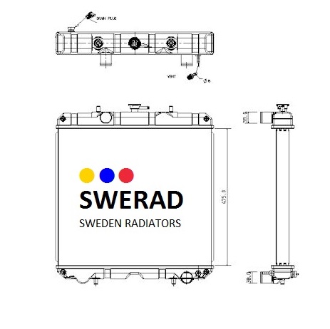 Tekniskt diagram över en Kylare Hyster/Yale gräsklippare från Swerad Sverige, som visar front-, topp- och sidovyer med märkta komponenter och mått.